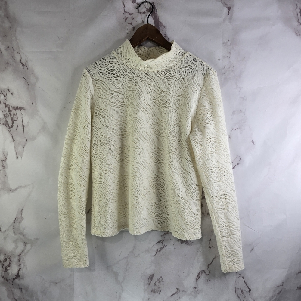 By Anthropologie Top Womens Large Cream Lace Mesh Any Mock Neck Long Sleeve